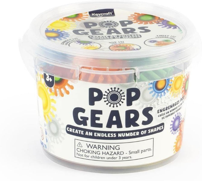 Container of Pop Gears toy with colorful gears inside, on a white background