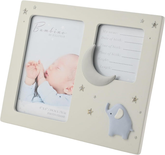 A cream-colored baby photo frame with a crescent moon and star design, featuring a small 3D elephant and a sample baby photo insert.