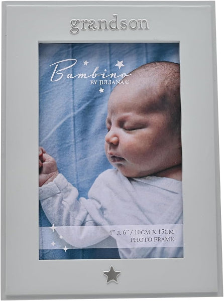 A silver-toned rectangular photo frame engraved with the word 'grandson' at the top and a small star at the bottom. The frame displays a sample photo of a sleeping baby, with text reading 'Bambino BY JULLANA' and size information along the bottom