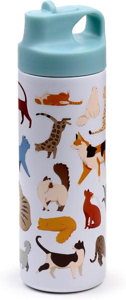 Water bottle with cat pattern and light blue lid on a white background