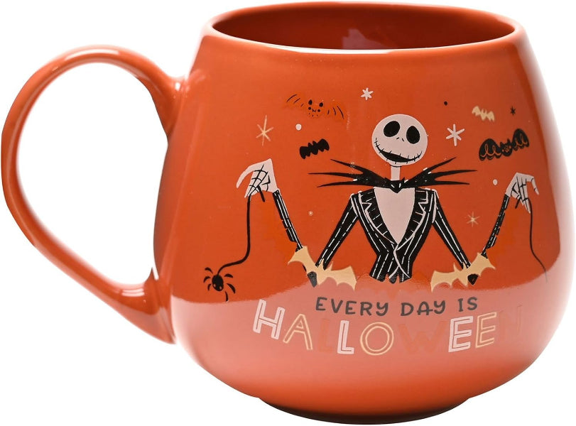 Orange mug with a skeleton design and 'Every Day is HALO EE' text on a white background