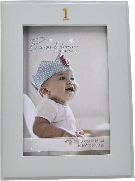 A light gray rectangular photo frame with a single photo insert showing a baby wearing a blue polka-dot hat. The frame has a gold number 1 at the top and text reading 'Bambino by Juliana' and '4 x 6 / 10cm x 15cm Photo Frame' on the insert.