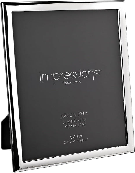 Silver photo frame with 'Impressions' branding on a black background.