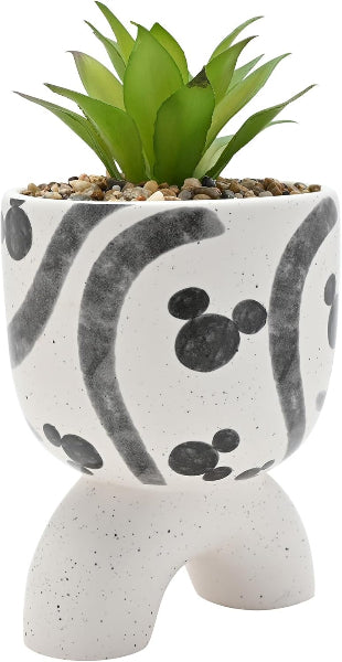 Cylindrical planter with paw print design and a small plant on a white background