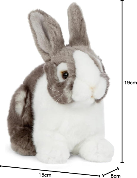 Plush toy rabbit with measurements on a white background