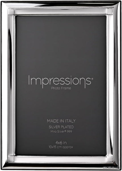 A silver-plated 4x6 inch picture frame by Impressions, shown against a dark gray background with product text printed inside.