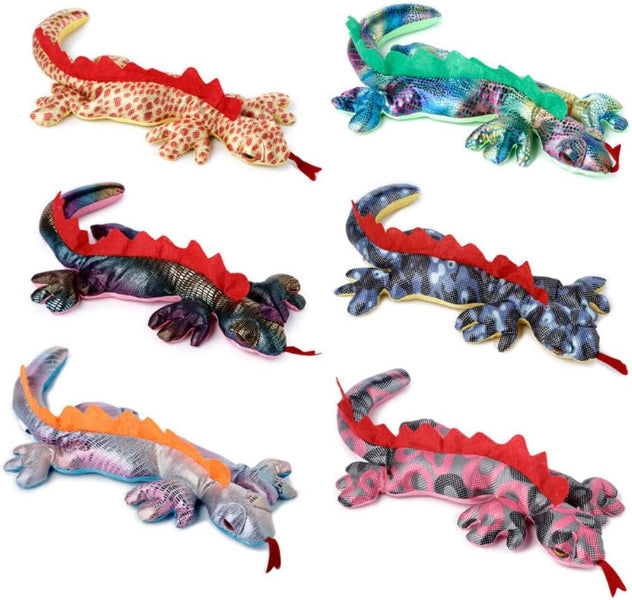 Colorful plush lizards on a white background