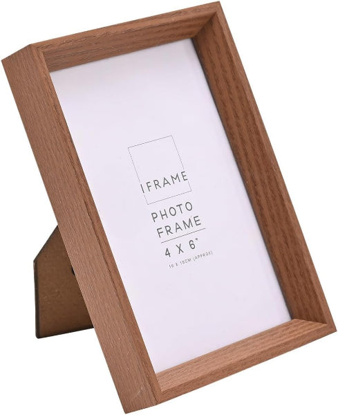 A light brown wood picture frame with a white insert card that reads 'IFRAME PHOTO FRAME 4 X 6"', shown on a plain white background.