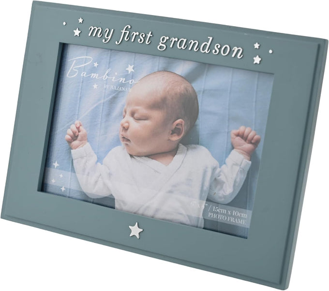 A slate blue-gray wooden photo frame with silver star and text accents, featuring the engraved words 'my first grandson' and a placeholder photo of a baby.
