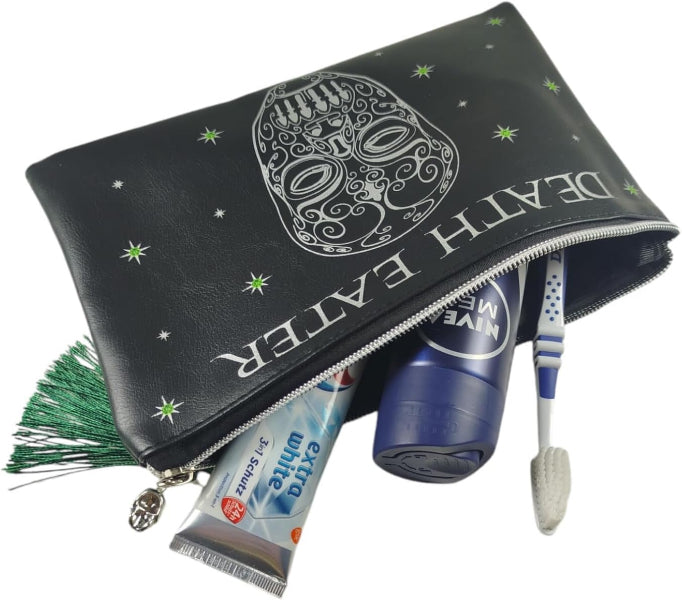 Black pouch with skull design labeled 'Death Eater' containing dental products on a white background