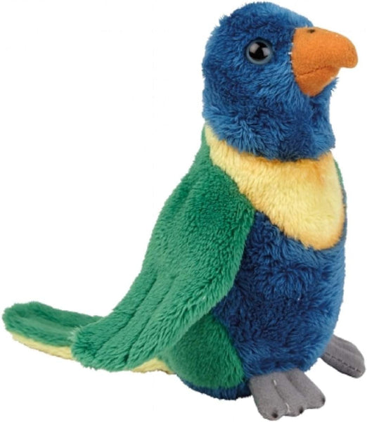 A plush toy bird with a blue head and body, green wings and tail, a yellow chest, and an orange beak, shown on a plain white background.