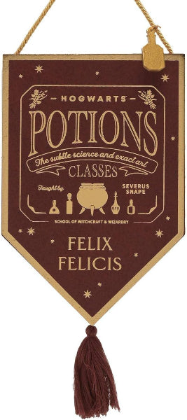 Decorative sign with 'Hogwarts Potions' and 'Felix Felicis' text on a brown background
