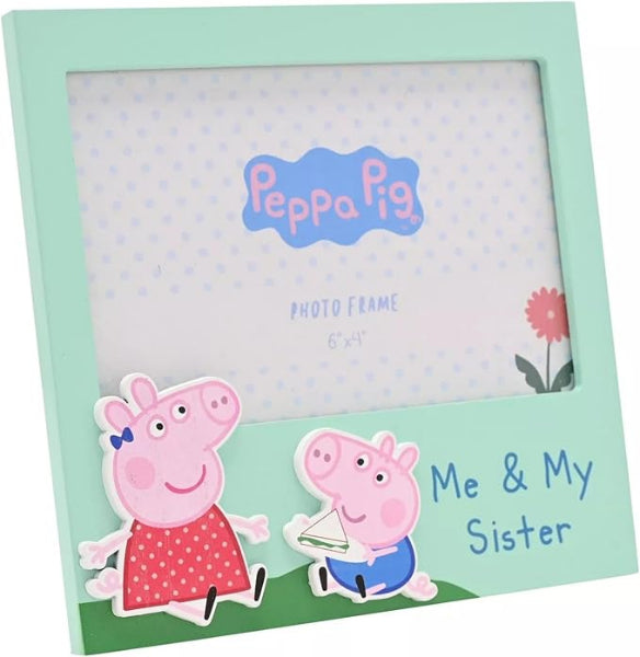 Peppa Pig photo frame with characters and text on a light green background