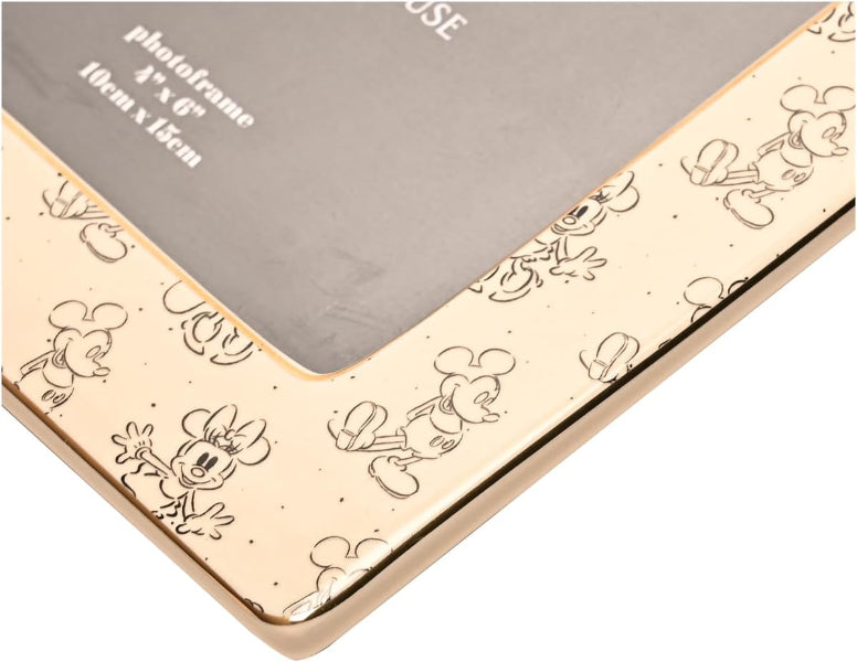 Gold photo frame with Disney character designs on a white background