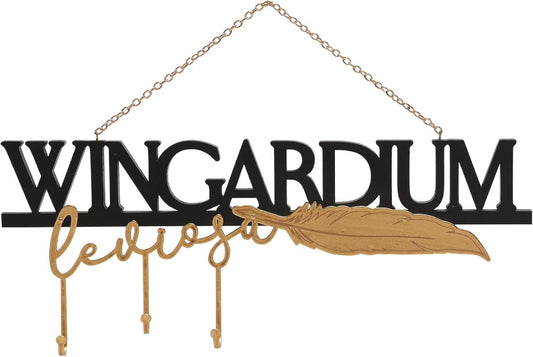 Decorative sign with 'Wingardium Leviosa' text and feather design on a white background