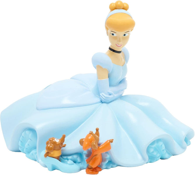 A Cinderella figurine wearing her signature light blue ball gown, seated with two small orange animals at her feet, on a plain white background.