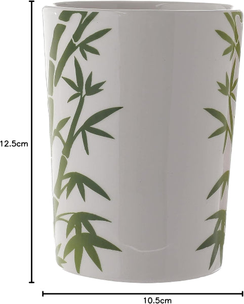 White container with green bamboo leaf pattern and measurements on a white background