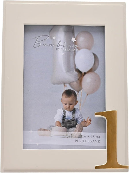 An off-white rectangular photo frame with a gold number '1' on the bottom right corner, holding a sample photo of a baby with balloons. The frame has text indicating dimensions of 12 x 15cm.