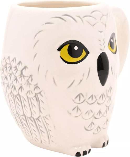 Owl-shaped mug with detailed design on a white background
