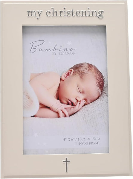 An off-white rectangular baby christening photo frame with 'my christening' engraved at the top and a small cross at the bottom. The frame displays a sample photo of a sleeping newborn baby with the text 'Bambino by Juliana'.