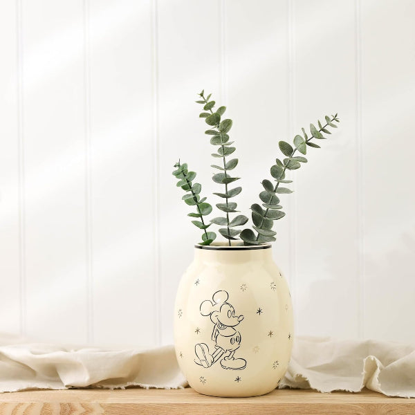 Ceramic vase with a cartoon character design containing green leaves on a wooden surface with a white background.