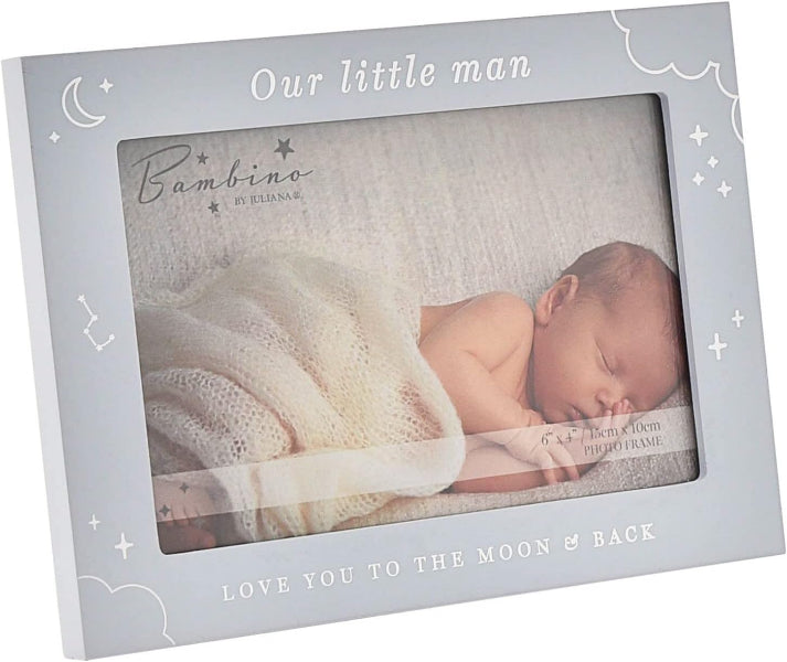 A personalized baby photo frame with a light gray border and white celestial graphics. The frame features the text 'Our little man' at the top and 'LOVE YOU TO THE MOON & BACK' at the bottom, with a custom photo insert showing a sleeping newborn baby wrapped in a cream knit blanket.