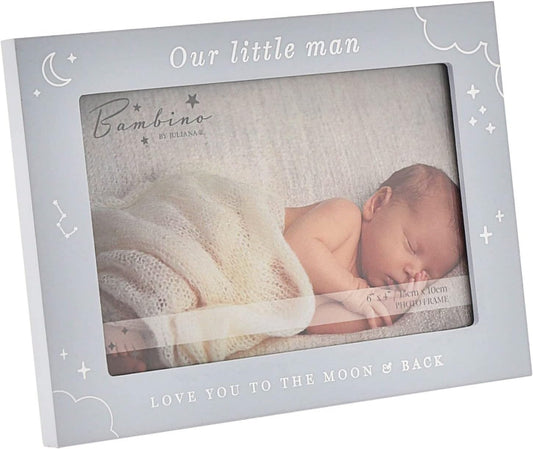 A personalized baby photo frame with a light gray border and white celestial graphics. The frame features the text 'Our little man' at the top and 'LOVE YOU TO THE MOON & BACK' at the bottom, with a custom photo insert showing a sleeping newborn baby wrapped in a cream knit blanket.