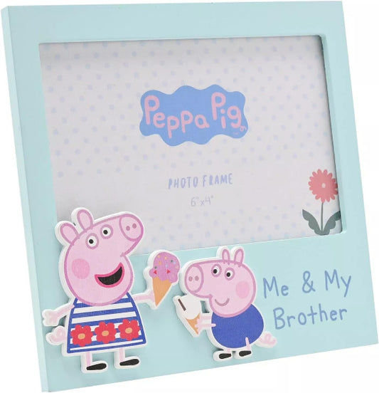 Peppa Pig photo frame with illustrations of Peppa and her brother on a light blue background.