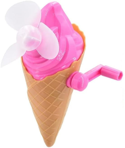 Toy ice cream cone with pink scoop and fan on a white background
