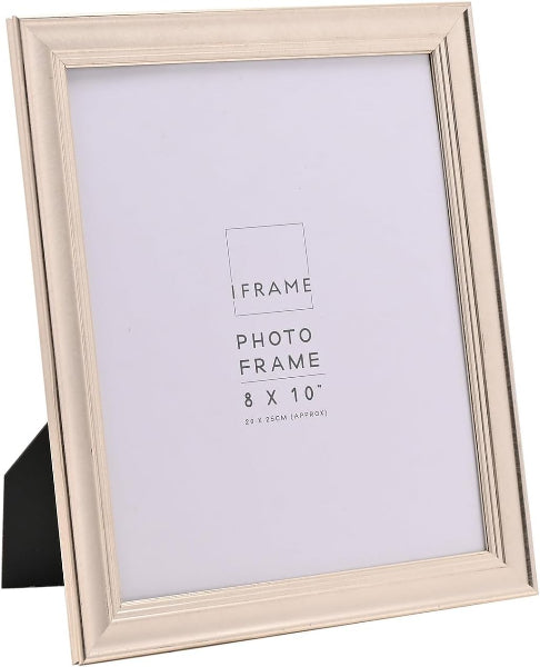 An 8x10 inch picture frame in a light cream or off-white finish, shown standing at an angle on a black display stand against a white background. The frame has a subtle bevelled edge and a central placeholder label that reads 'IFRAME PHOTO FRAME 8 X 10"'.