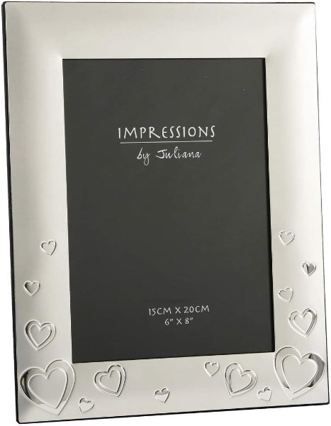 Silver photo frame with heart designs on a white background
