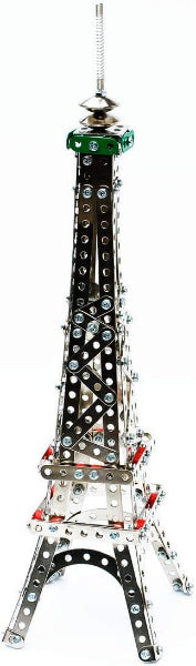 Model of the Eiffel Tower with a clear base on a white background