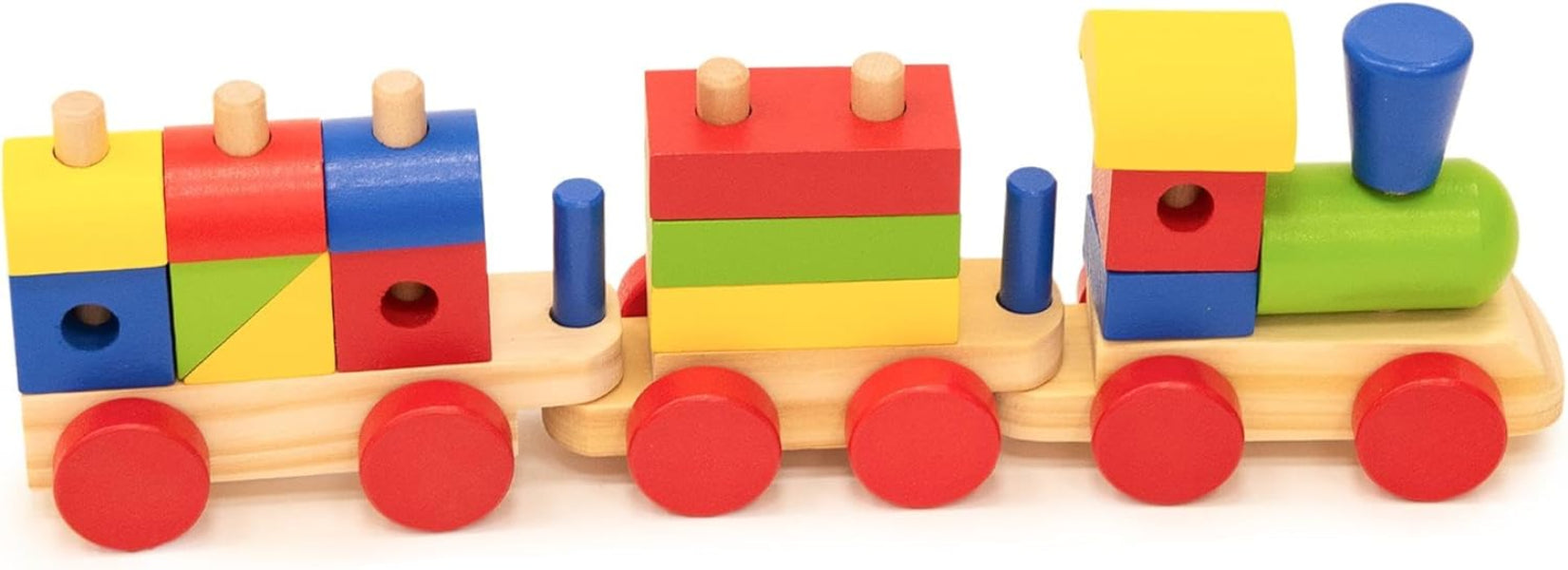 Colorful wooden toy train with geometric shapes on a white background