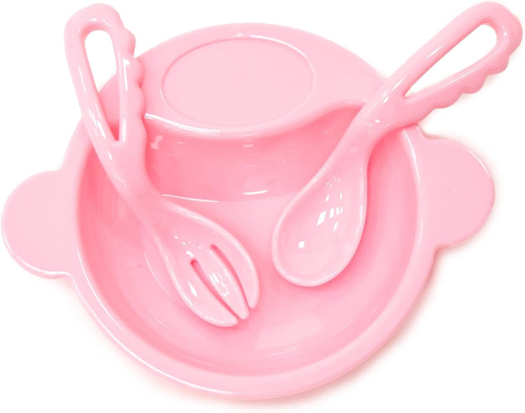 Pink children's sippy cup, spoon, and fork set on a white background