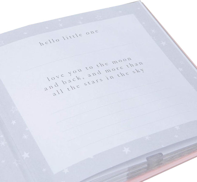 Album with text 'hello little one, love you to the moon and back, and more than all the stars in the sky' on a white background.