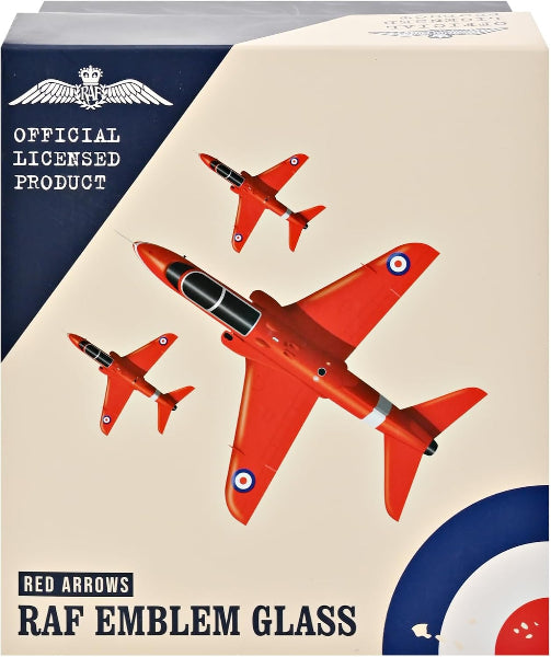 Box for a Red Arrows RAF Emblem glass with red airplane illustration on beige background