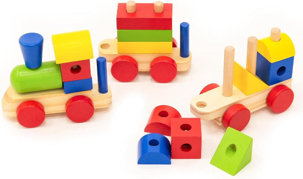 Colorful wooden train toys with different shapes on a white background
