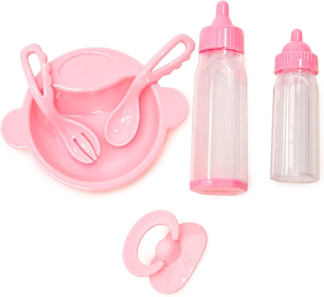 Pink baby feeding set with bottles, bowl, spoons, and pacifier on a white background