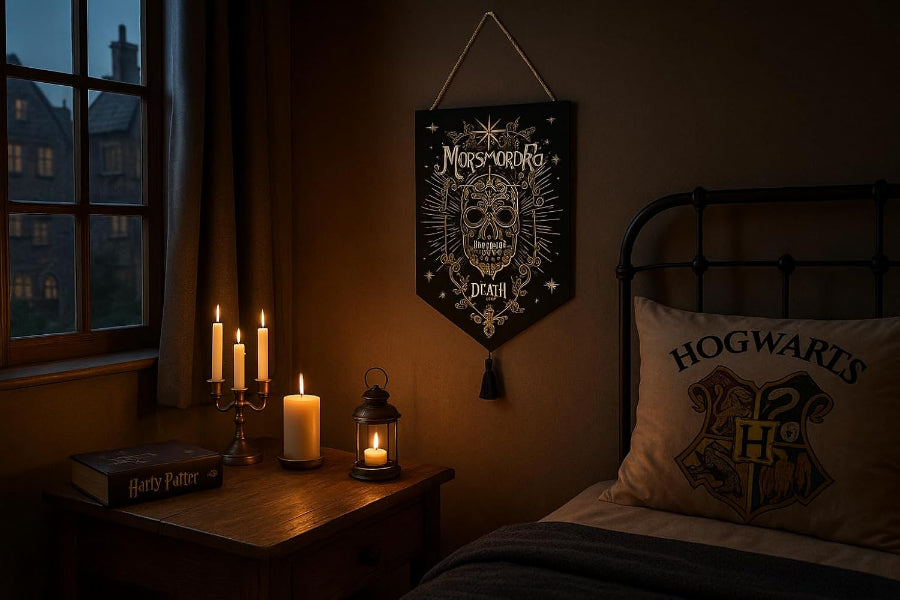 Dark room with 'Harry Potter' themed decor, including a pillow and wall hanging.