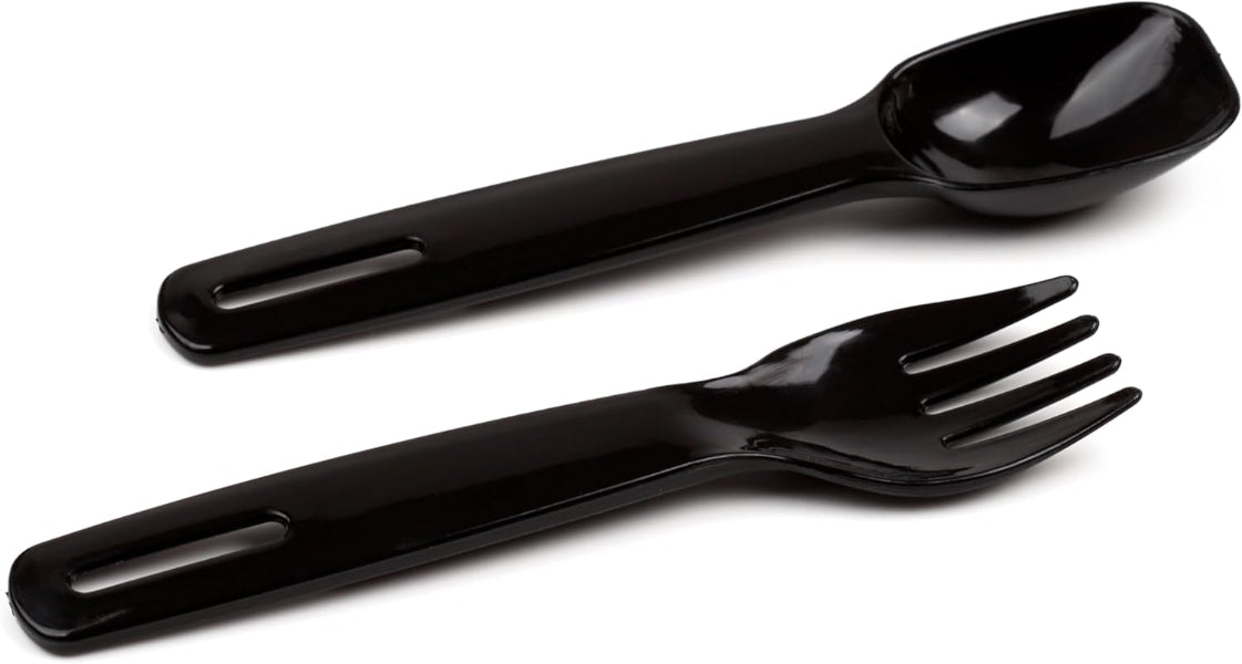Black plastic spoon and fork set on a white background