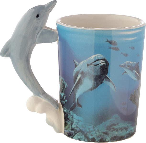 Dolphin-shaped mug with an underwater scene design on a white background