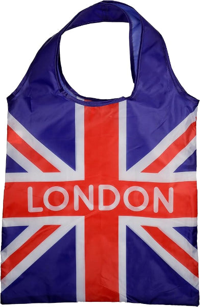 Foldable shopping bag with Union Jack design and 'London' text on a white background
