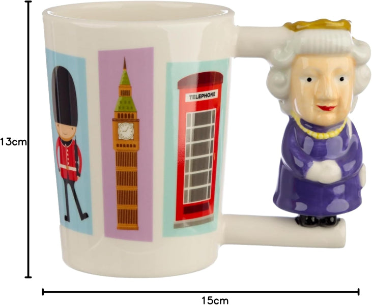 Mug with handle shaped like a person, featuring British icons on a white background.