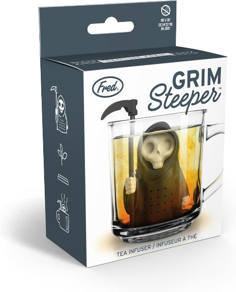 Grim Reaper-shaped tea infuser in packaging with 'Fred' branding