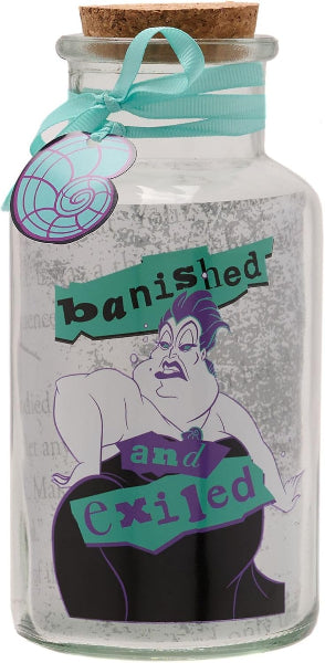 Glass jar with cork lid featuring a character design and text 'banished and exiled' on a white background.