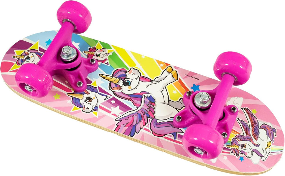Unicorn-themed skateboard with pink trucks and colorful design on a white background