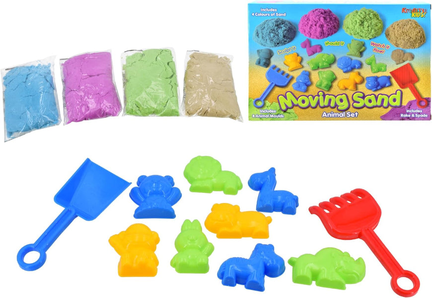 Moving Sand toy set with sand colors, tools, and animal molds on a white background