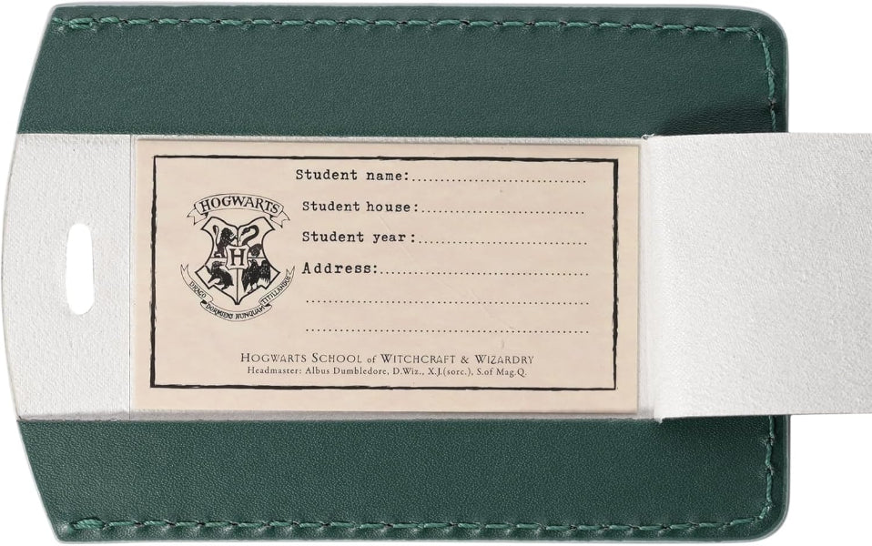 Green wallet with a Harry Potter-themed label
