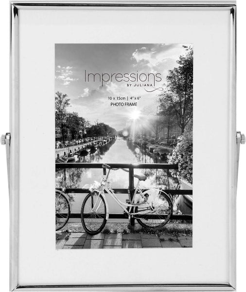 Silver photo frame with a scenic picture of a canal and bicycle, branded 'Impressions by Juliana'.