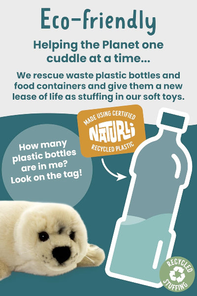 Eco-friendly soft toy packaging with a seal and plastic bottle illustration, featuring recycled plastic content.